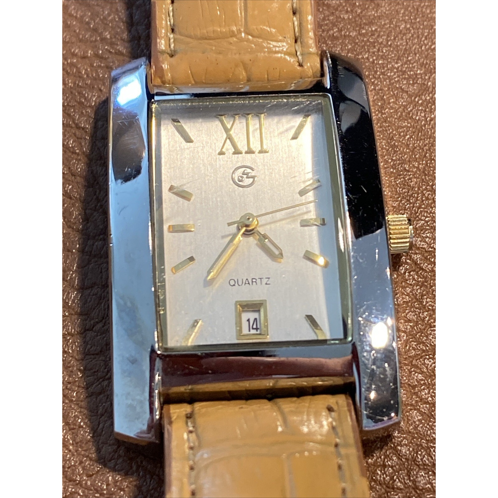 George Watch Rectangle Silver Date Dial Brown Band 27mm Works New Battery